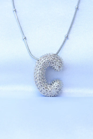 316L Çelik Zincirli Zirkon Taşlı C Harfli Gümüş Renk Bubble Kolye - TJ-BKO8716 ürün görseli 1