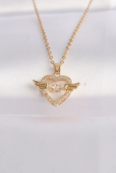 316L Çelik Zincir Altın Renk Zirkon Taşlı Kanatlı Kalp Kolye - TJ-BKO8628 ürün görseli 1
