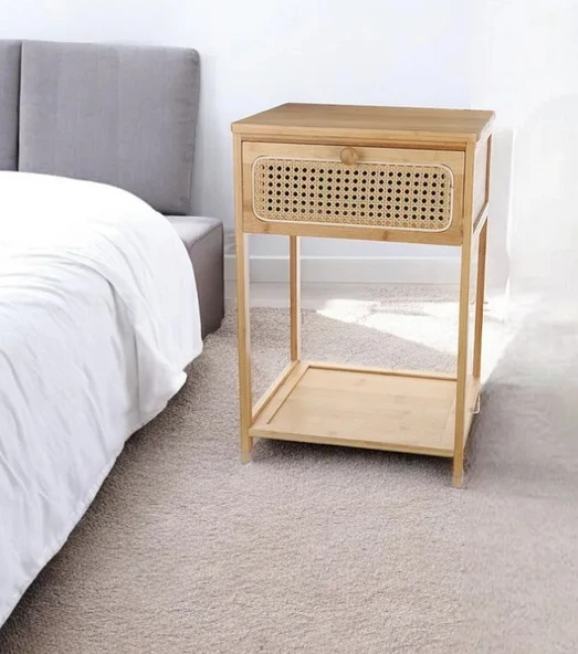 Bambu 2 Katlı Çekmeceli Oturma Odası Yatak Odası Komodini Rattan Komodin - Resim 3