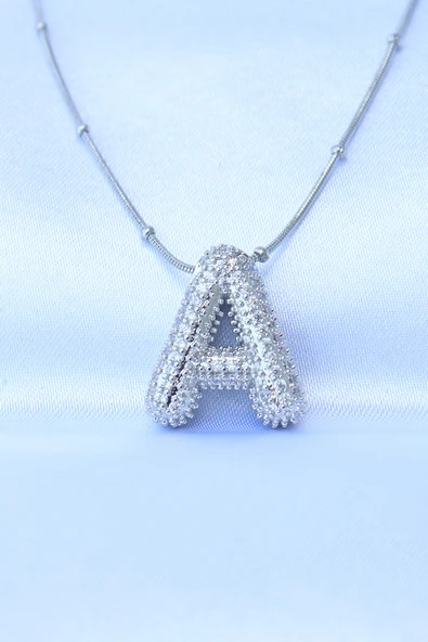 316L Çelik Zincirli Zirkon Taşlı A Harfli Gümüş Renk Bubble Kolye - TJ-BKO8729 ürün görseli 1