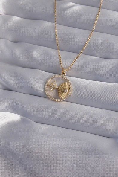 316L Çelik Zincir Gold Renk Zirkon Taşlı Yıldız Figürlü Oval Kolye - TJ-BKO9023 ürün görseli 1