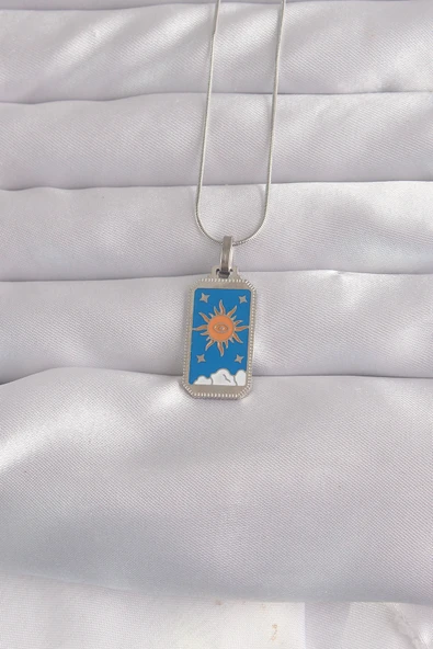 316L Çelik Gümüş Renk Mavi Mineli Güneş Model Tarot Kolye - TJ-BKO9042 ürün görseli 1