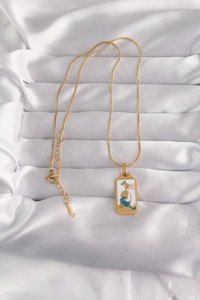 316L Çelik Gold Renk Beyaz Mineli Kız Figür Tarot Kolye - TJ-BKO9027 - Resim 2