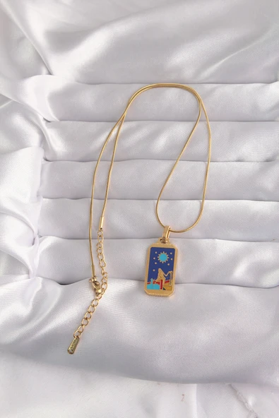 316L Çelik Gold Renk Mavi Mineli Kız Figür Tarot Kolye - TJ-BKO9033 - Resim 2