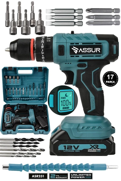 Assur 12V Çift Akülü Darbeli Şarjlı Matkap Dijital Göstergeli Akülü Vidalama