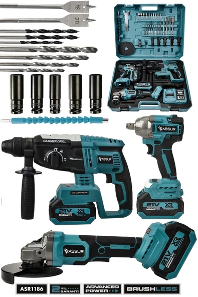 Assur 21V Çift Akülü 3'lü Set Somun Sıkma Sökme+Taşlama+Kırıcı Delici Hilti - 1