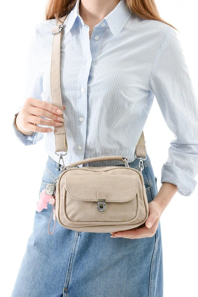 571 collections İki Fonksiyonlu Metal Basmalı Suni Deri Omuz, El Çantası Vizon (Model: 571-13-17H) - Resim 3