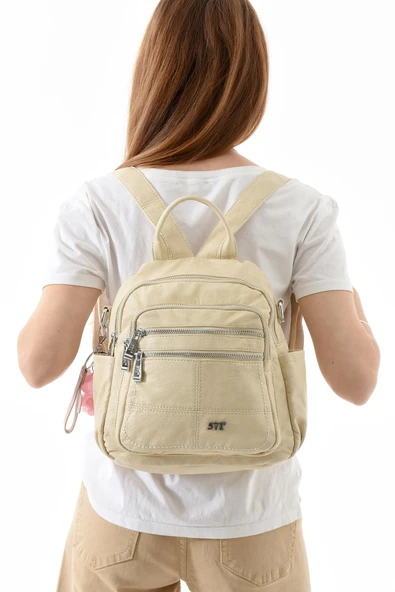 571 collections Üç Fonksiyonlu Suni Deri Sırt, Omuz, ve El Çantası Bej (Model: 571-13-17C) - Resim 2