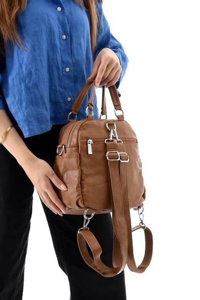 571 collections Üç Fonksiyonlu Suni Deri Sırt, Omuz, ve El Çantası Taba  (Model: 571-13-17B) - Resim 3