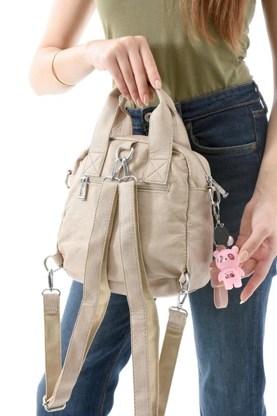 571 collections Üç Fonksiyonlu Suni Deri Sırt, Omuz, ve El Çantası Vizon (Model: 571-13-17K) - Resim 3