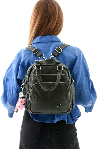 571 collections Üç Fonksiyonlu Suni Deri Sırt, Omuz, ve El Çantası Yeşil Gri (Model: 571-13-17B) - Resim 2