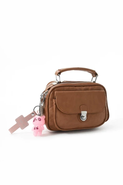 571 collections İki Fonksiyonlu Metal Basmalı Suni Deri Omuz, El Çantası Kahve Rengi (Model: 571-13-17H) - Resim 4