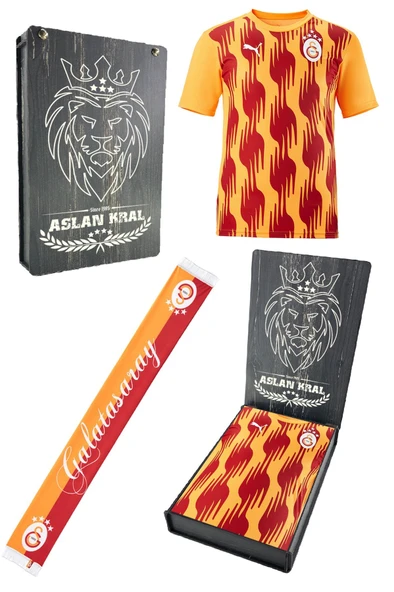Galatasaray Orijinal Lisanslı Sıfır Yaka A Takım Antrenman 5 Yıldızlı T-Shirt + Şal Kaşkol Set Hediyelik Ahşap Kutulu
