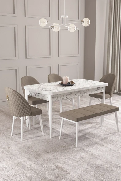 Calvin Beyaz Mermer 80x132 Açılabilir Mdf Masa Yemek Odası Takımı, Mutfak Takımı 4 Adet Sandalye, 1 Bench Cappuccino