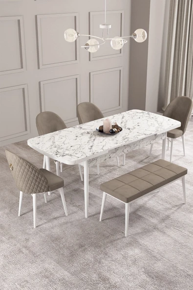 Calvin Beyaz Mermer 80x132 Açılabilir Mdf Masa Yemek Odası Takımı, Mutfak Takımı 4 Adet Sandalye, 1 Bench Cappuccino - 2