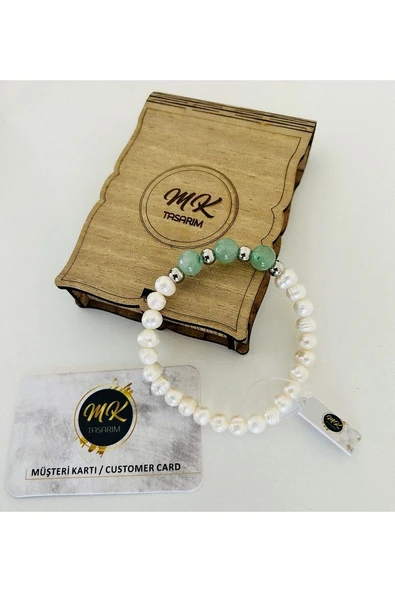 GERÇEK İNCİ GERÇEK AVENTURİN TAŞI BİLEKLİK | ÖZEL KUTUSUNDA | - Resim 2