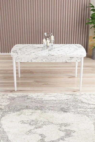 Calvin Beyaz Mermer 80x132 Açılabilir Mdf Masa Yemek Odası Takımı, Mutfak Takımı 4 Adet Sandalye, 1 Bench Cappuccino - 4