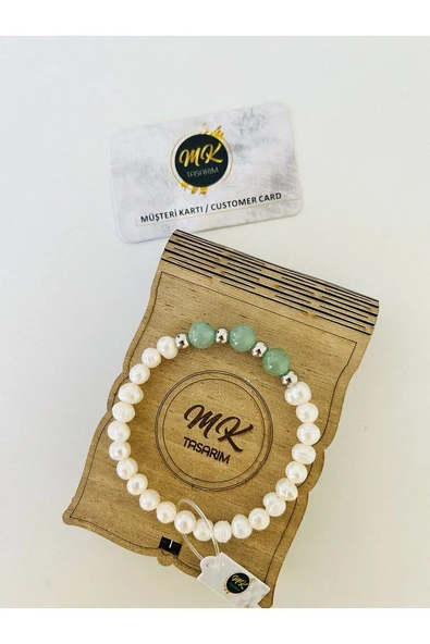 GERÇEK İNCİ GERÇEK AVENTURİN TAŞI BİLEKLİK | ÖZEL KUTUSUNDA | ürün görseli