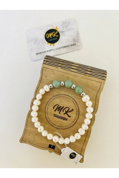 GERÇEK İNCİ GERÇEK AVENTURİN TAŞI BİLEKLİK | ÖZEL KUTUSUNDA | - Resim 3