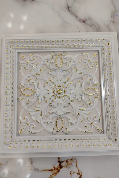 DECOZZA Saray Tavan 60 Cm Beyaz Altın Dekoratif Saray Tavan Paneli Asma Tavan Uyumlu - Resim 4