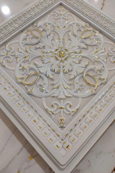 DECOZZA Saray Tavan 60 Cm Beyaz Altın Dekoratif Saray Tavan Paneli Asma Tavan Uyumlu - Resim 5