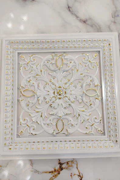 DECOZZA Saray Tavan 60 Cm Beyaz Altın Dekoratif Saray Tavan Paneli Asma Tavan Uyumlu - Resim 3