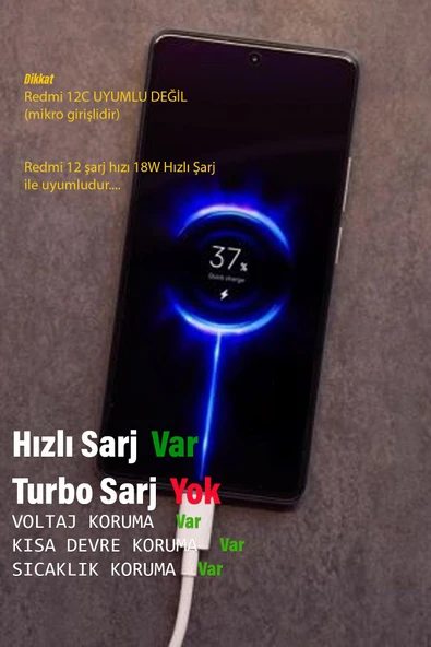 Xiaomi Redmi 12 Uyumlu Hızlı Şarj Aleti ve Kablosu Hızlı Şarj Cihazı 33W - Resim 3