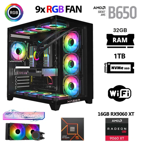 Xaser Lexus x760 Ryzen 5 7500F 32GB DDR5 Ram 1TB M.2 NVMe SSD 16GB RX9060 XT Sıvı Soğutmalı Masaüstü Oyuncu Bilgisayarı ürün görseli