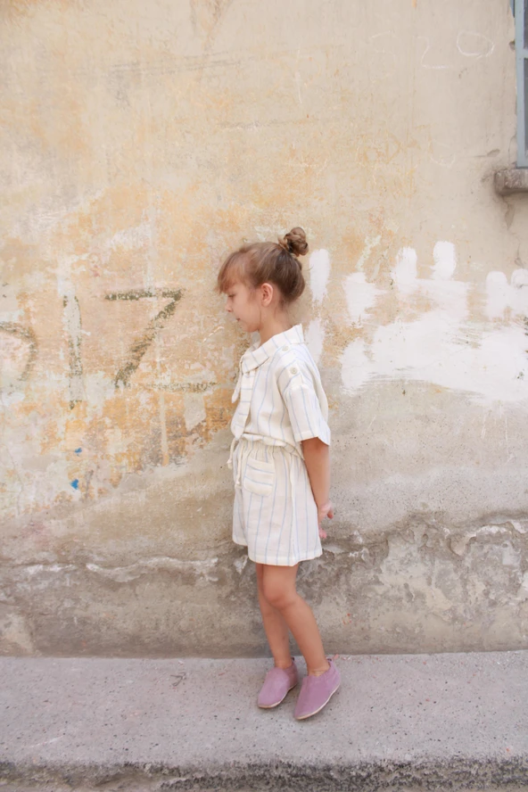Mavi Çizgili Yaka Bağlamalı Alt Üst Takım - Resim 7