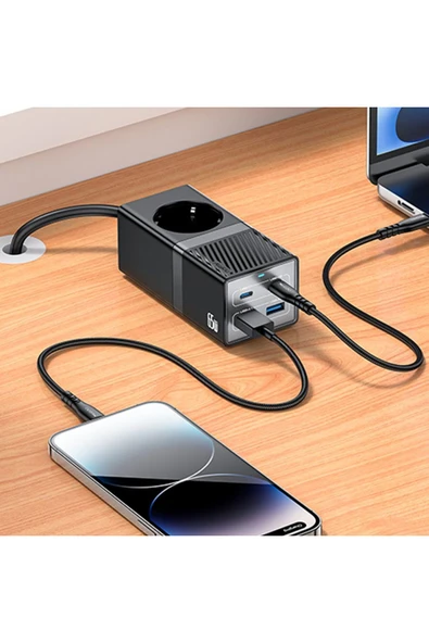 Akım Korumalı USB Type-C Priz Uzatma Kablosu Çok Amaçlı Şarj Cihazı Çoklu Priz 1.5M 2500W 65W OUTPUT ürün görseli