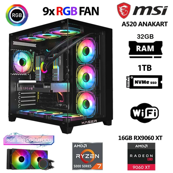 Xaser Lexus x740 Ryzen 7 5700x 32GB Ram 1TB M.2 NVMe SSD 16GB RX9060 XT Sıvı Soğutmalı Hazır Oyuncu Sistemi ürün görseli