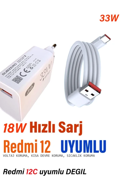 Xiaomi Redmi 12 Uyumlu Hızlı Şarj Aleti ve Kablosu Hızlı Şarj Cihazı 33W ürün görseli