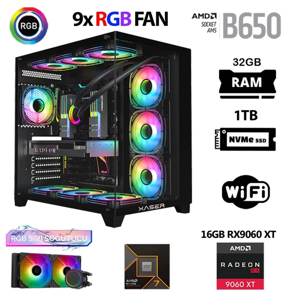 Xaser Lexus x780 Ryzen 7 7800X3D 32GB DDR5 Ram 1TB M.2 NVMe SSD 16GB RX9060 XT Sıvı Soğutmalı Masaüstü Oyuncu Bilgisayarı ürün görseli