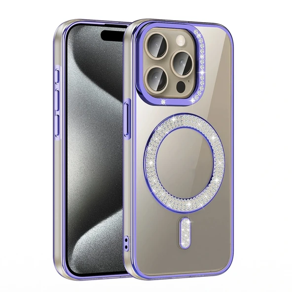 iPhone 15 Pro Max Kılıf Pırlanta Taş Tasarımlı M-safe Şarj Özellikli Karetta Silikon Kapak - Resim 2