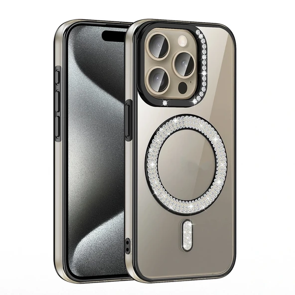 iPhone 15 Pro Max Kılıf Pırlanta Taş Tasarımlı M-safe Şarj Özellikli Karetta Silikon Kapak - Resim 6