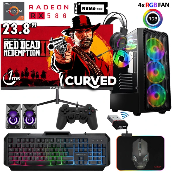 Xaser Armor X60 Ryzen 5 5500 32GB Ram 1TB M.2 NVMe SSD 8GB RX580 24" Curved Masaüstü Oyuncu Bilgisayarı ürün görseli 1