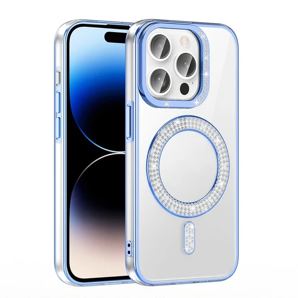 iPhone 14 Pro Max Kılıf Pırlanta Taş Tasarımlı M-safe Şarj Özellikli Karetta Silikon Kapak - Resim 10