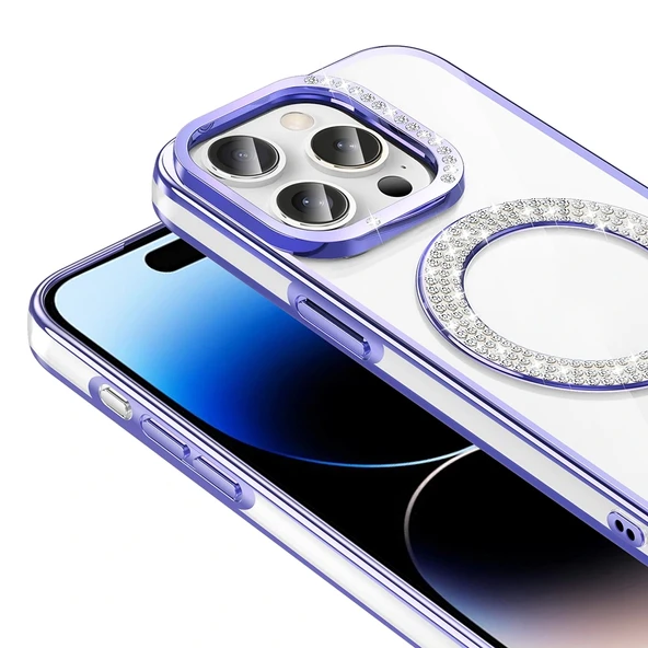 iPhone 14 Pro Max Kılıf Pırlanta Taş Tasarımlı M-safe Şarj Özellikli Karetta Silikon Kapak - Resim 9