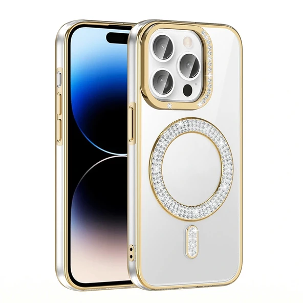 iPhone 14 Pro Max Kılıf Pırlanta Taş Tasarımlı M-safe Şarj Özellikli Karetta Silikon Kapak - Resim 4