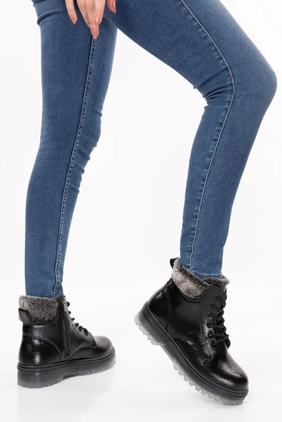 Siyah Kırışık Rugan Yünlü Fermuarlı Kız Çocuk Botu - 2