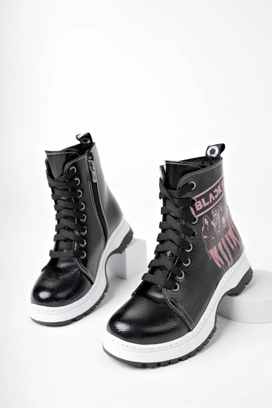 Siyah Kırışık Rugan BlackPink Fermuarlı Kız Çocuk Botu - 3