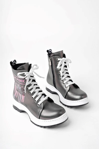 Pilatin Kırışık Rugan BlackPink Fermuarlı Kız Çocuk Botu - 3