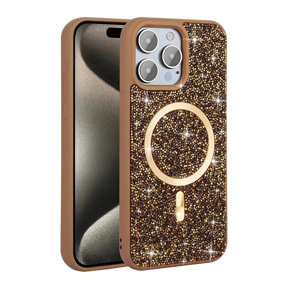 iPhone 15 Pro Max Kılıf Pırlanta Tasarımlı M-safe Şarj Özellikli Mozaik Silikon Kapak - Resim 3