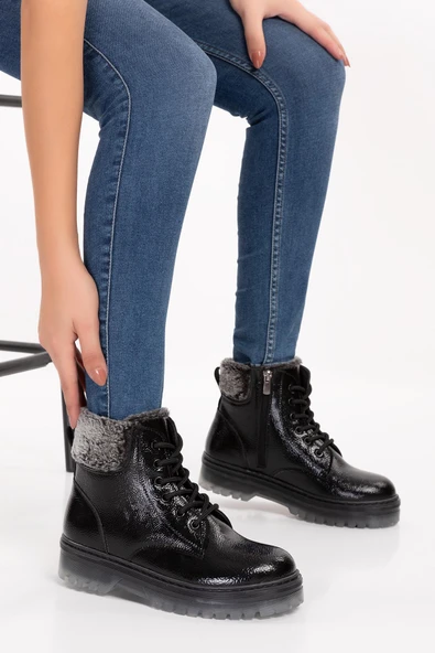 Siyah Kırışık Rugan Yünlü Fermuarlı Kız Çocuk Botu - 3