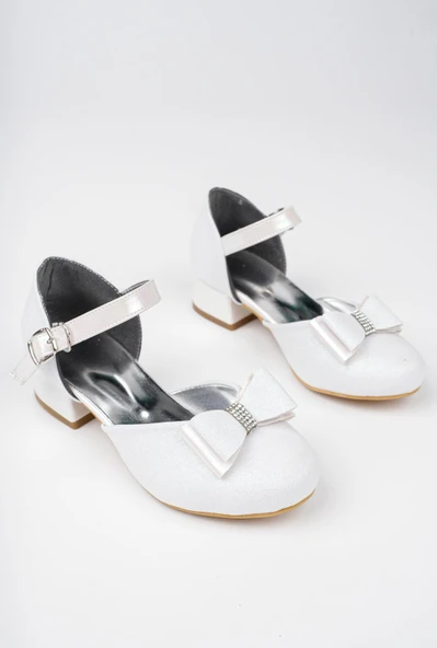 Kız Çocuk Beyaz Abiye Simli Kum Detaylı Fiyonklu Ayakkabı - 2