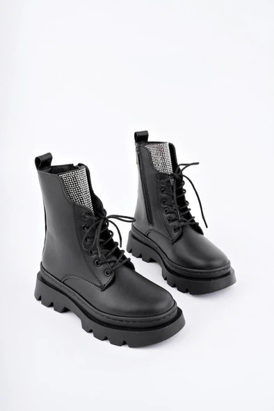 Siyah Fermuarlı Bağcıklı Lüks Kız Çocuk Botu