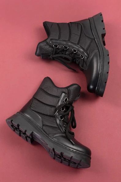 Siyah Fermuarlı Bağcıklı Lüks Kız Çocuk Kar Botu - 2