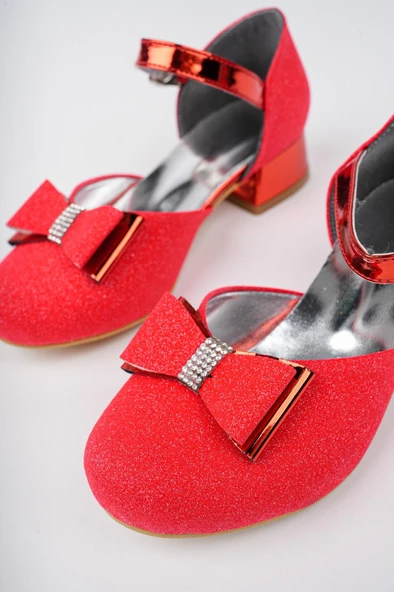 Kız Çocuk Kırmızı Abiye Simli Kum Detaylı Fiyonklu Ayakkabı - 3