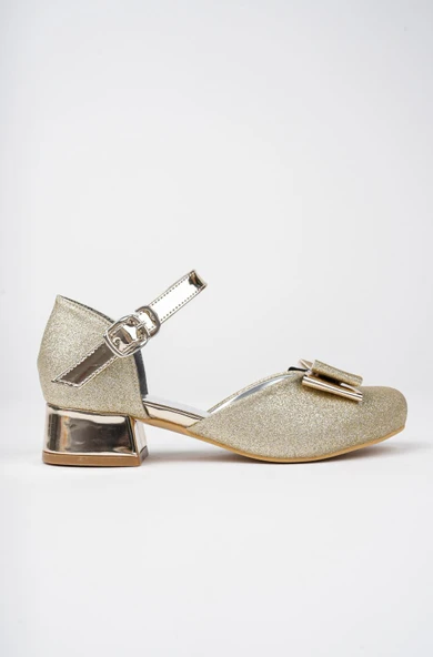 Kız Çocuk Altın Sarısı Abiye Simli Kum Detaylı Fiyonklu Ayakkabı