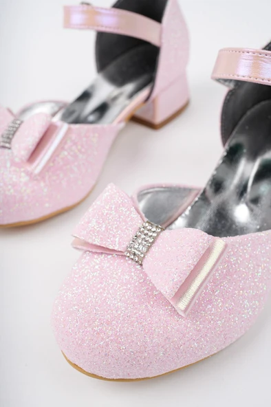 Kız Çocuk Pembe Abiye Simli Kum Detaylı Fiyonklu Ayakkabı - 3